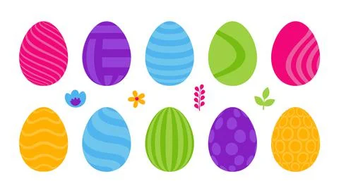 Set of 10 color Easter Eggs with pattern. Design elements for holiday cards.  Illustrazione stock