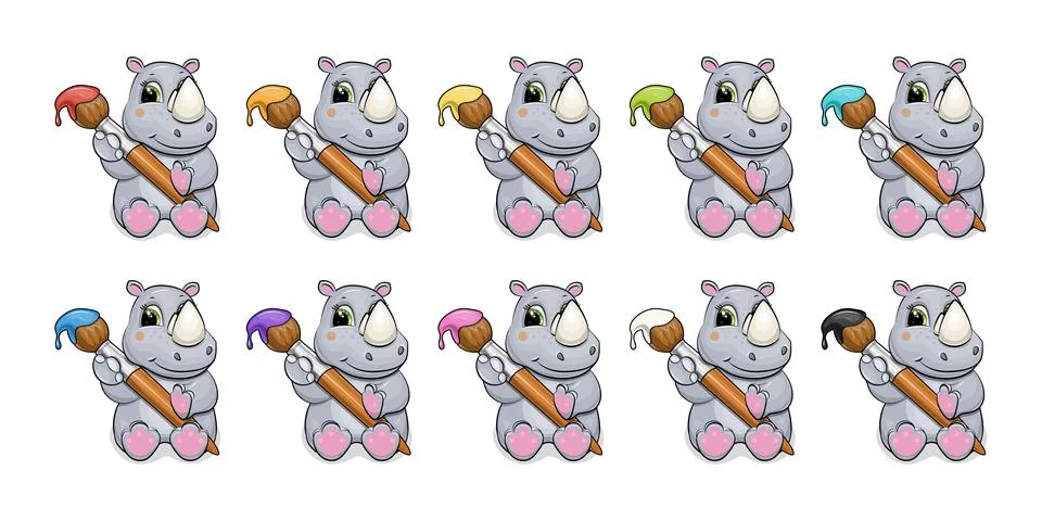 Set of 10 cute baby hippo holding a paintbrush with different paint colors. Stock Illustration
