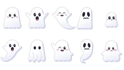 Set of 10 cute white ghosts with funny faces, isolated cartoon Иллюстрация