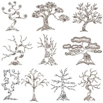 Set of 10 decorative trees Stock Illustration