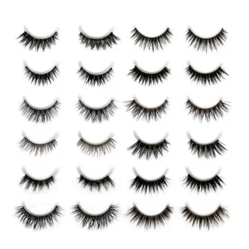 A set of 10 different types of black long dramatic false eyelashes symmetrica Stock Photos