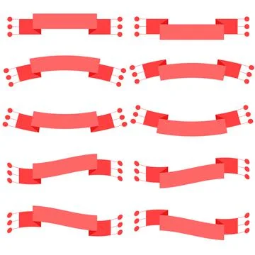 Set of 10 flat red isolated banner ribbons. Suitable for design. Stock Illustration