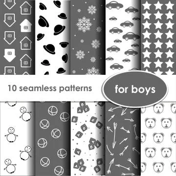 Set of 10 grey seamless patterns for boys. Stock Illustration