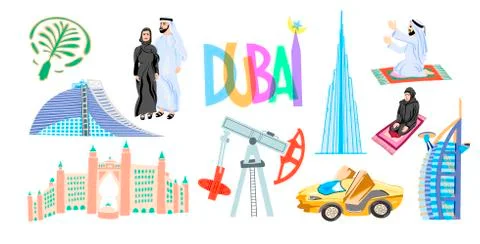 Set of 10 hand drawing icon symbol from Dubai, United Arab Emirates, Middle East Ilustración de archivo