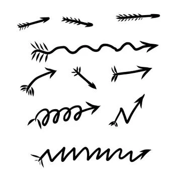 Set of 10 hand drown arrows. Black on white background. Sketch vector illustr Illustrazione stock