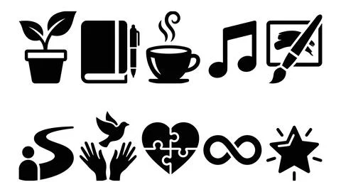 Set of 10 icons representing hobbies and personal growth like plants books .. Stock Illustration