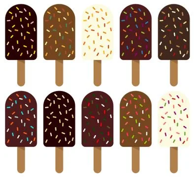 Set of 10 melting isolated ice cream in different flavors of chocolate icing  Stock Illustration