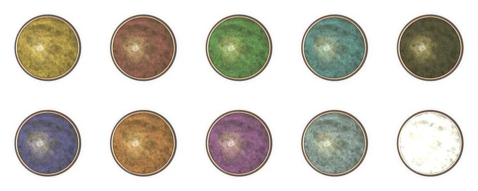 A set of 10 multi-colored volumetric buttons with borders. Stock-Illustration