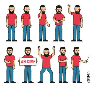 Set of 10 poses of a bearded man Stock Illustration