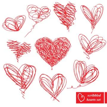 Set of 10 scribbled hand-drawn sketch hearts for valentines day design Stock Illustration