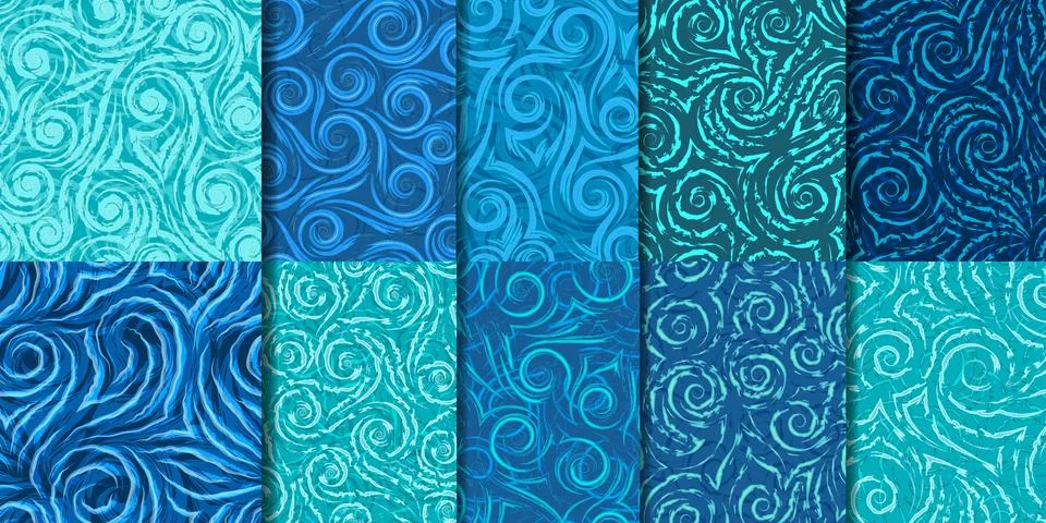 Set of 10 seamless vector patterns of spirals, waves and corners.Abstract Stock Illustration