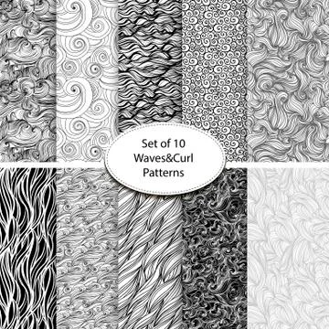 Set of 10 seamless waves and curls backgrounds Stock Illustration