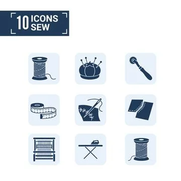 Set of 10 sewing icons with thread spool, pincushion, rotary cutter, measur.. Stock Illustration