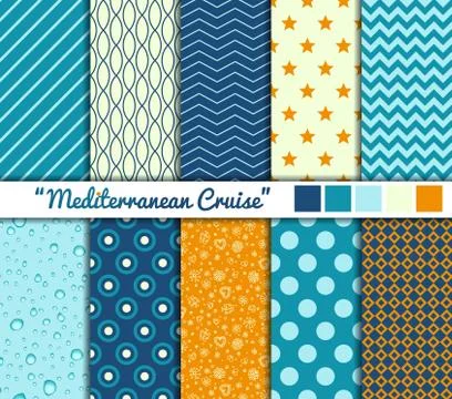 Set of 10 simple seamless patterns. Mediterranean Cruise color palette Stock Illustration