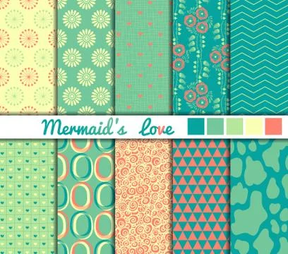 Set of 10 simple seamless patterns. Mermaids Love color palette Stock Illustration