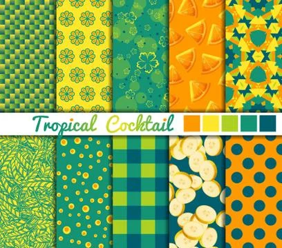 Set of 10 simple seamless patterns. Tropical Cocktail color palette Stock Illustration