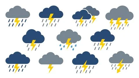 Set of 10 storm cloud icons with lightning and rain for weather and weather.. Illustrazione stock