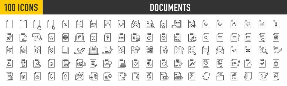Set of 100 Document web icons in line style. Clipboard, certificate, accept.. Stock Illustration