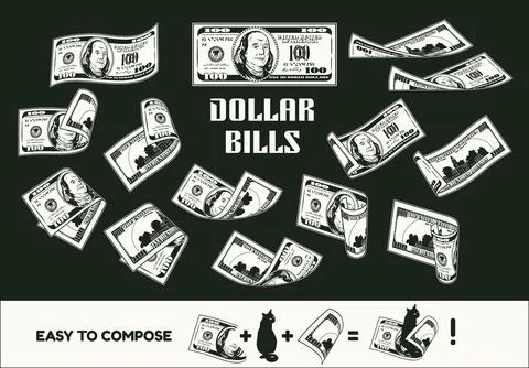 Set of 100 dollar bills with front, reverse side, Black and white Stock Illustration