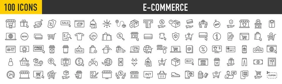 Set of 100 E-Commerce web icons in line style. Online shopping, digital mar.. Stock Illustration
