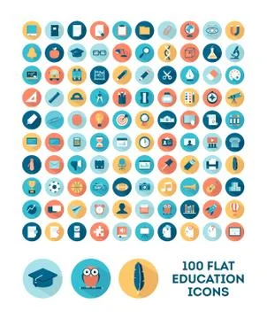 Set of 100 flat style education icons Stock Illustration