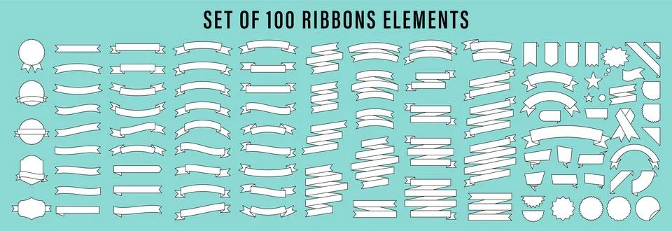 Set of 100 Ribbons. Ribbon elements. Starburst label. Vintage. Modern simpl.. Stock Illustration