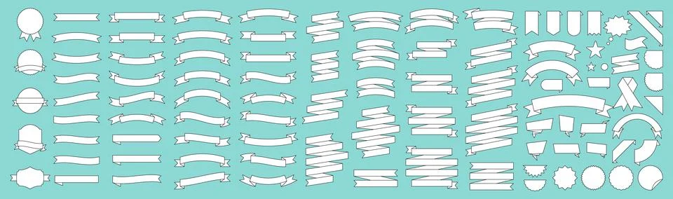 Set of 100 Ribbons. Ribbon elements. Starburst label. Vintage. Modern simpl.. Stock Illustration