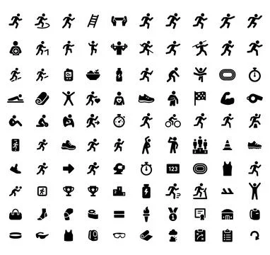 Set of 100 running and exercise solid icons for fitness applications and sp.. Illustrazione stock