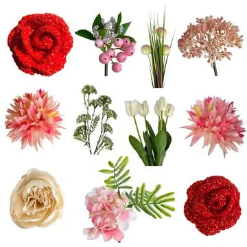 Set of 11 Artificial Flowers Isolated on White Background. PNG Clipart Collectio Stock Photos