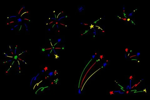 Set 11 firework, colorful vector hand draw sketch, isolated on black Stock Illustration