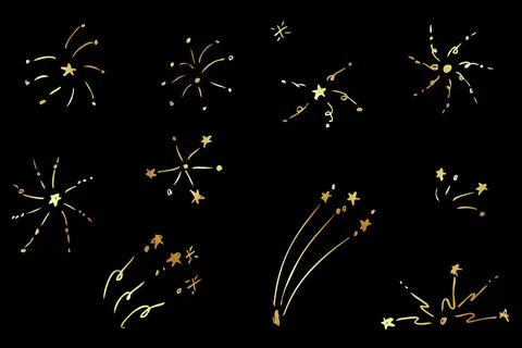 Set 11 firework, gold golden vector hand draw sketch, isolated on black Stock Illustration