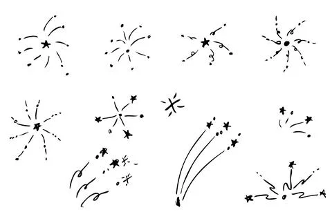 Set 11 firework, vector hand draw sketch, isolated on white Stock Illustration