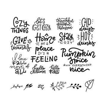 Set of 11 hand drawn lettering fall, autumn thanksgiving day season quotes and Stock Illustration