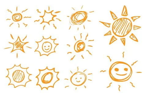 Set 11 Orange Simple Vector Hand Draw Doodle Sun Stock Illustration