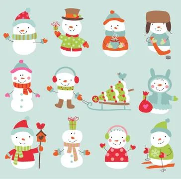 Set of 11 vector cute and funny snowmen Stock Illustration