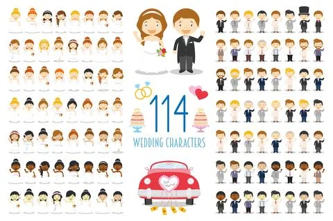 Set of 114 wedding characters and nuptial icons in cartoon style Stock Illustration