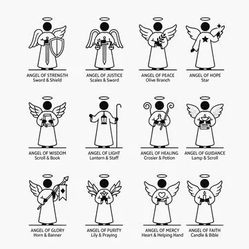 Set of 12 Angel Icons with Different Symbols and Attributes, Black and Whit.. Stock Illustration