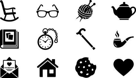 Set of 12 Black and White Icons Representing Senior Life and Comfort. Stock Illustration