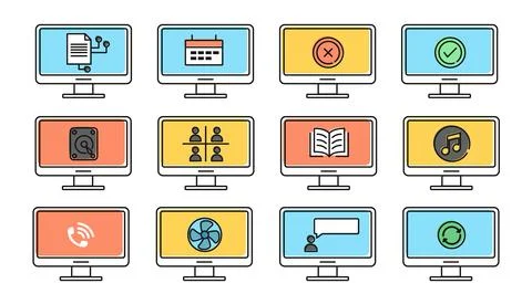 Set of 12 business and technology vector icons. Stock Illustration