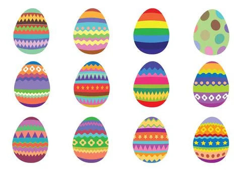 Set of 12 colourful Easter eggs on a white background Stock Illustration