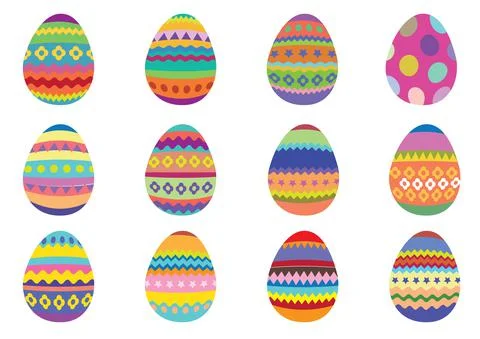 Set of 12 colourful Easter eggs on a white background Stock Illustration