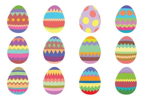 Set of 12 colourful Easter eggs on a white background. Stock Illustration