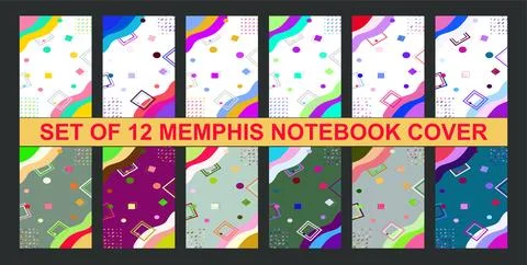 Set of  12 colourful memphis notebook cover.  Header design for flyer, book.. Stock Illustration