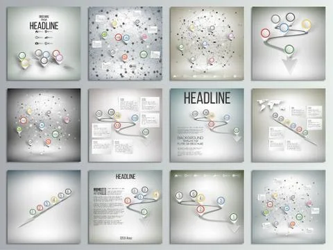 Set of 12 creative cards, square brochure template design. World map with Illustrazione stock