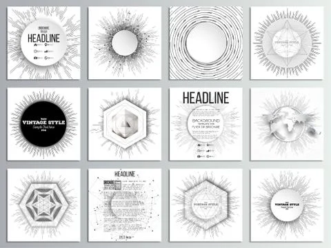Set of 12 creative cards, square brochure template design. Vintage style star Stock Illustration