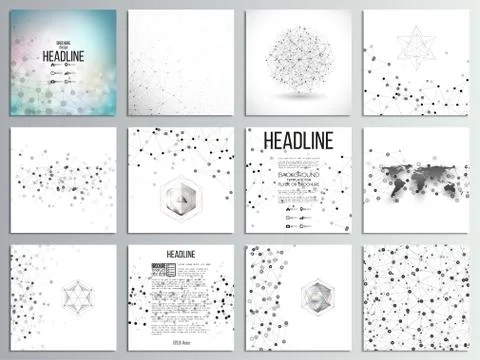 Set of 12 creative cards, square brochure template design. Molecular structure Stock Illustration