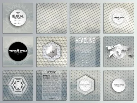 Set of 12 creative cards, square brochure template design. Gray cloudy sky Stock Illustration