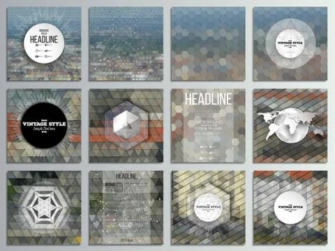 Set of 12 creative cards, square brochure template design. City landscape Ilustración de archivo