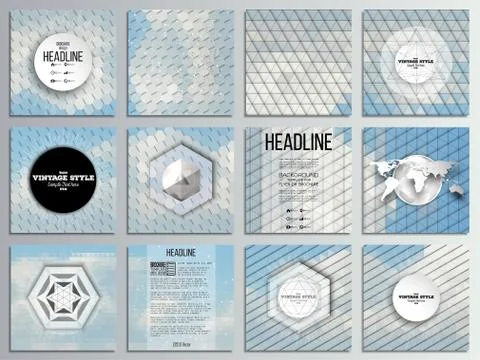 Set of 12 creative cards, square brochure template design. Blue cloudy sky Illustrazione stock
