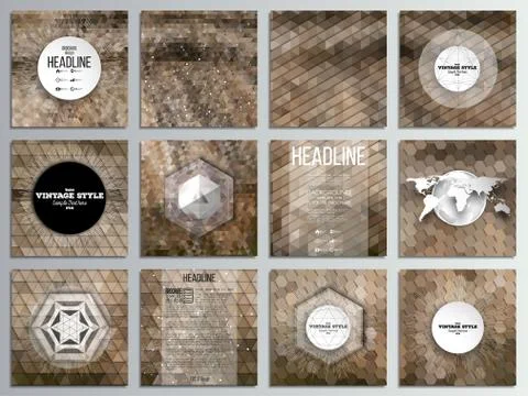 Set of 12 creative cards, square brochure template design. Dry straw texture Stock-Illustration